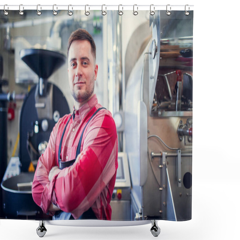 Personality  Photo Of Young Man In Apron On Background Of Industrial Coffee Grinder Shower Curtains