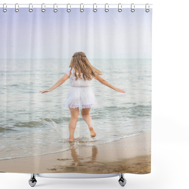 Personality  A Beautiful Model In A White Dress Is Sexually Running Around On The Beach On A Summer Beach Shower Curtains