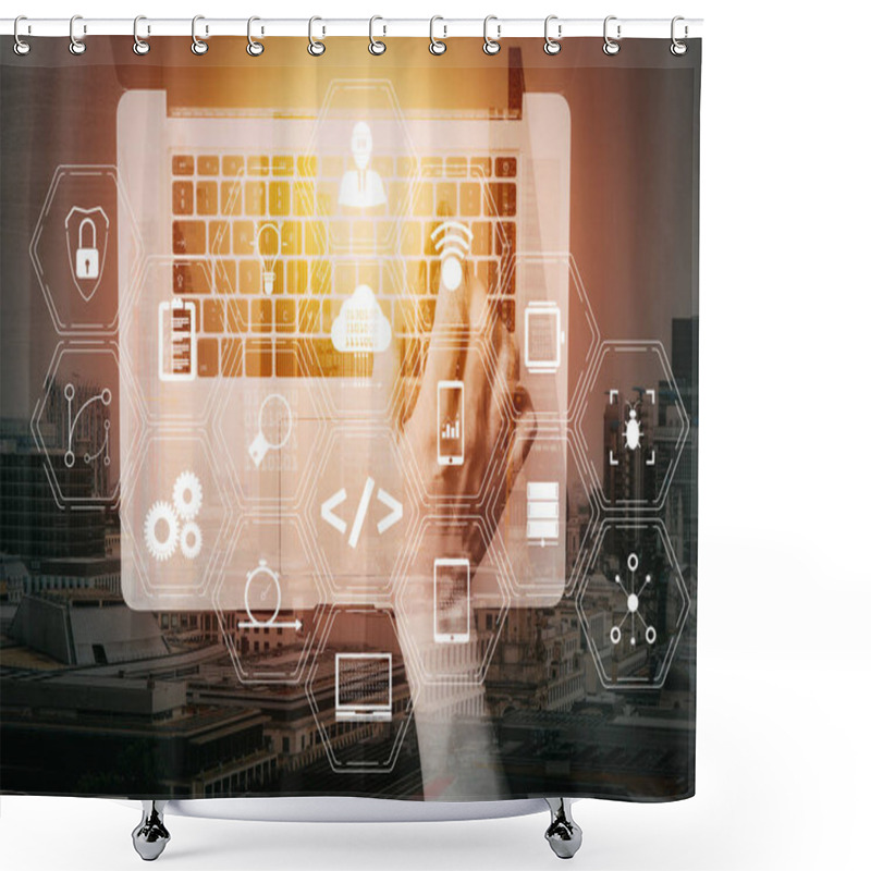 Personality  Coding Software Developer Work With Augmented Reality Dashboard Computer Icons Of Scrum Agile Development And Code Fork And Versioning With Responsive Cybersecurity.businessman Typing Keyboard With Laptop Computer. Shower Curtains