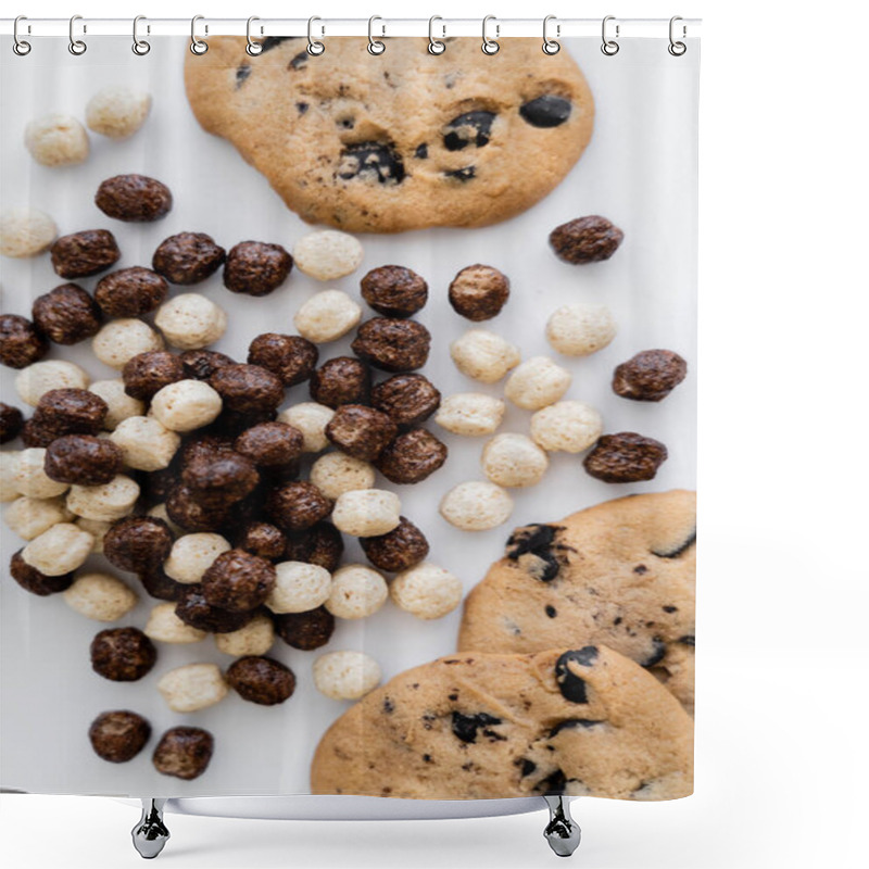 Personality  Top View Of Tasty Cookies Near Cereal Balls Isolated On White  Shower Curtains