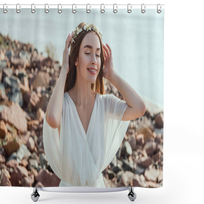 Personality  Beautiful Smiling Girl Posing In White Dress And Floral Wreath On Rocky Beach Shower Curtains