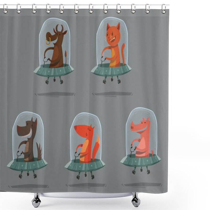 Personality  Set Of Funny Animals In UFO Shower Curtains