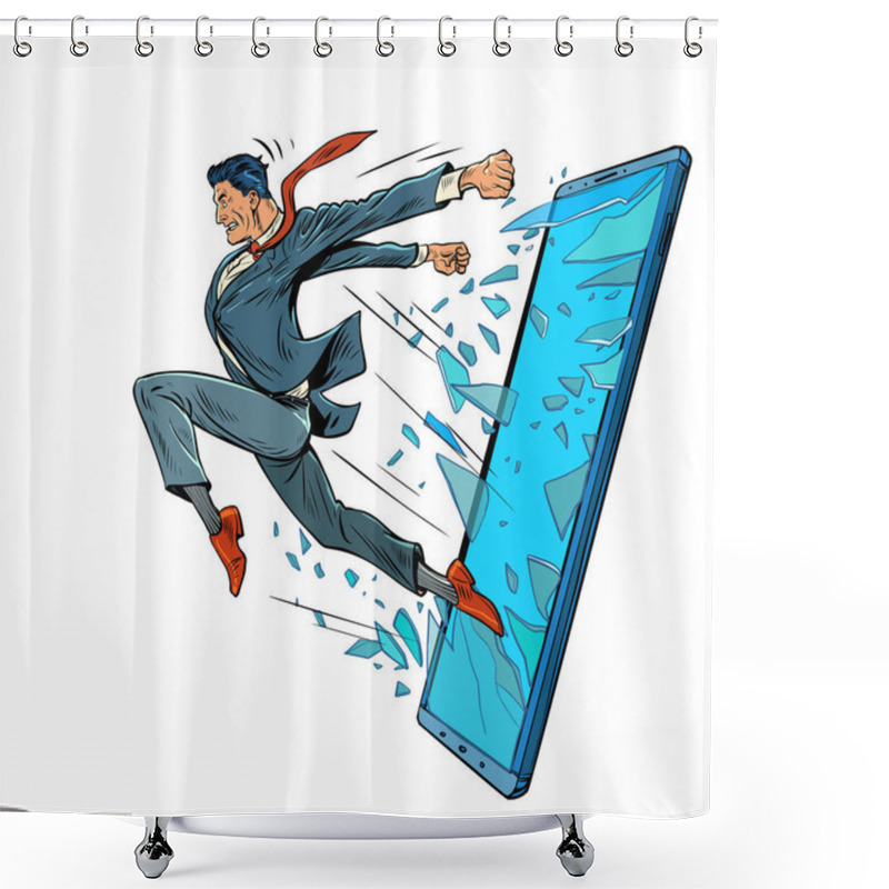 Personality  The Man Jumps Out Of The Screen. Internet Freedom Of Information Concept. Businessman With A Smartphone. Pop Art Retro Vector Illustration 50s 60s Vintage Kitsch Style Shower Curtains