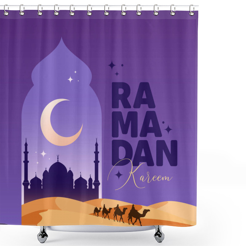 Personality  Arabian Landscape Illustration, Camel Caravan Crossing Desert Nearby Silhouette Of Mosque Under The Starry Sky And Crescent Moon. Ramadan Kareem Vector Illustration. Shower Curtains