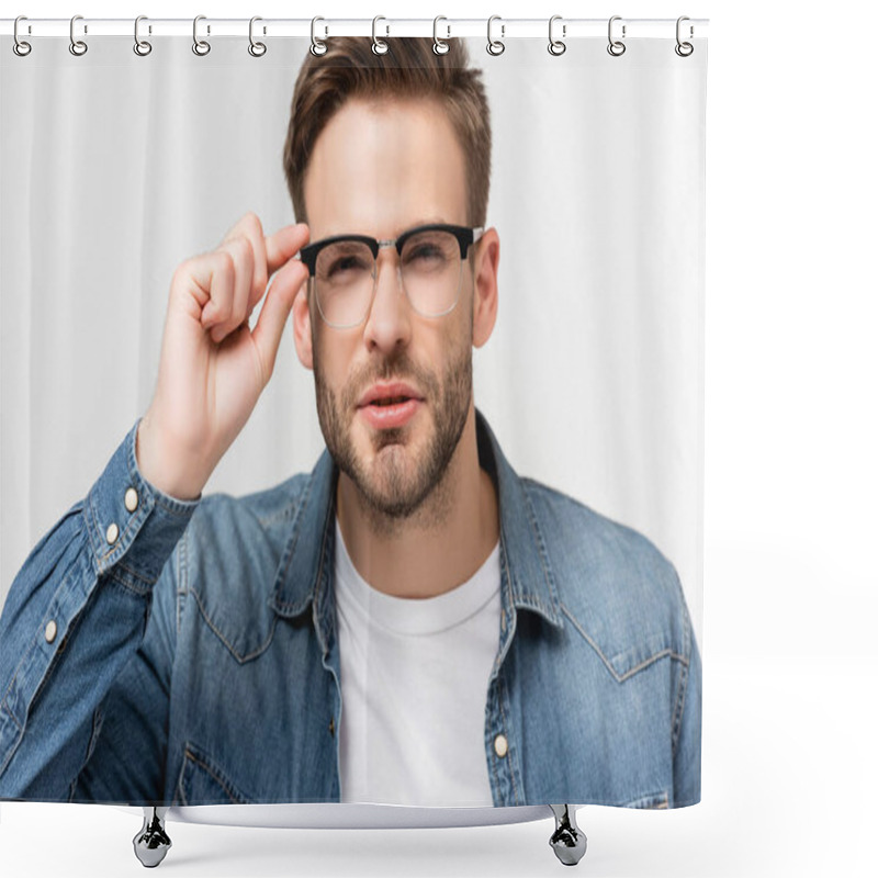 Personality  Young Man Squinting While Touching Eyeglasses Isolated On Grey Shower Curtains