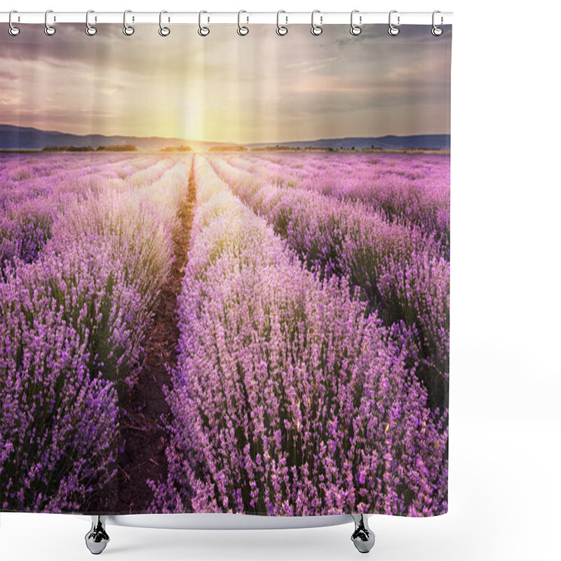 Personality  Sunrise Over Lavender Field In Bulgaria Shower Curtains