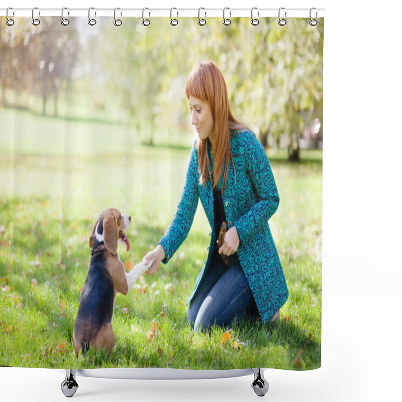 Personality  Girl Playing With Her Dog In Autumn Park Shower Curtains