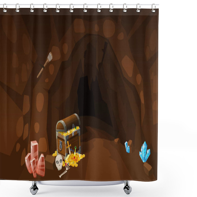 Personality  Treasure Cave With Chest Gold Coins, Gems. Screen To The Computer Game. Background Image To Use Games, Apps, Banners, Graphics. Vector Cartoon Illustration Shower Curtains