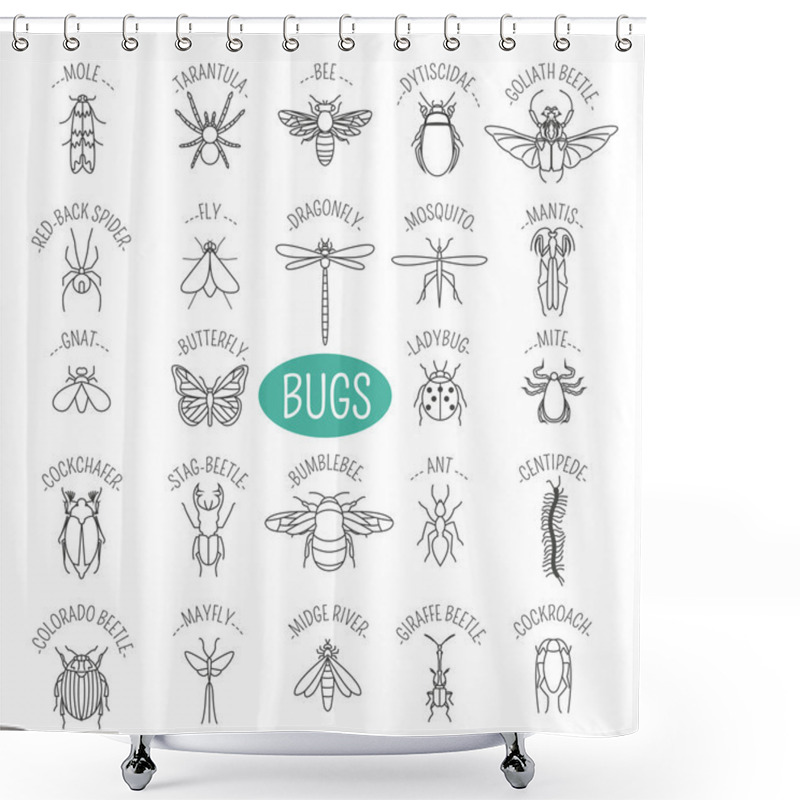 Personality  Insects Icon Flat Style. 24 Pieces In Set. Outline Version Shower Curtains