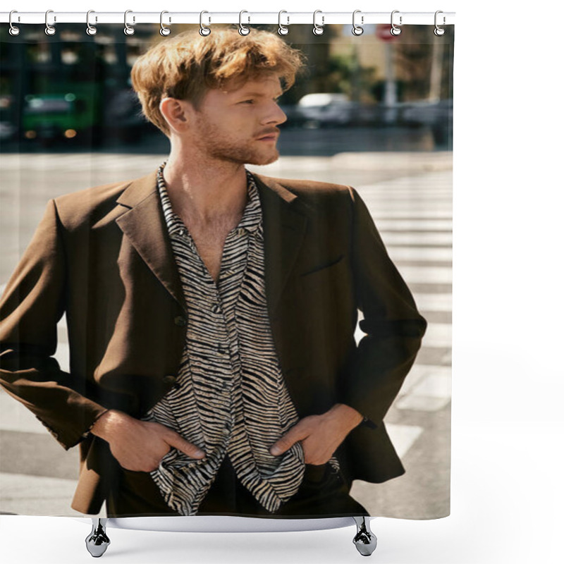 Personality  Young Red-haired Man In Debonair Attire Standing Confidently On City Street Corner. Shower Curtains