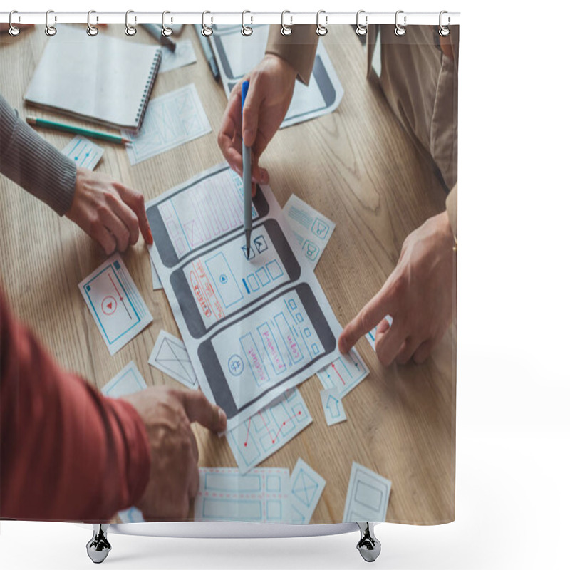 Personality  Cropped View Of Designers Working With App Sketches And Template Of Mobile Website At Table Shower Curtains