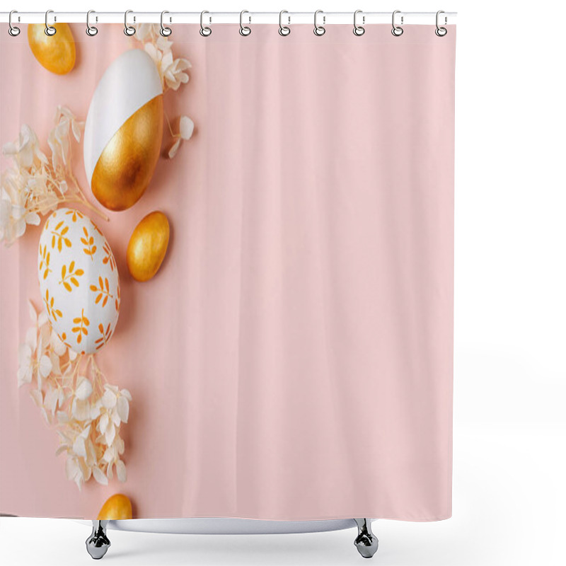 Personality  Easter Golden Eggs And White Flowers On On Pastel Pink Background. Holiday Concept. Happy Easter Card With Copy Space Shower Curtains