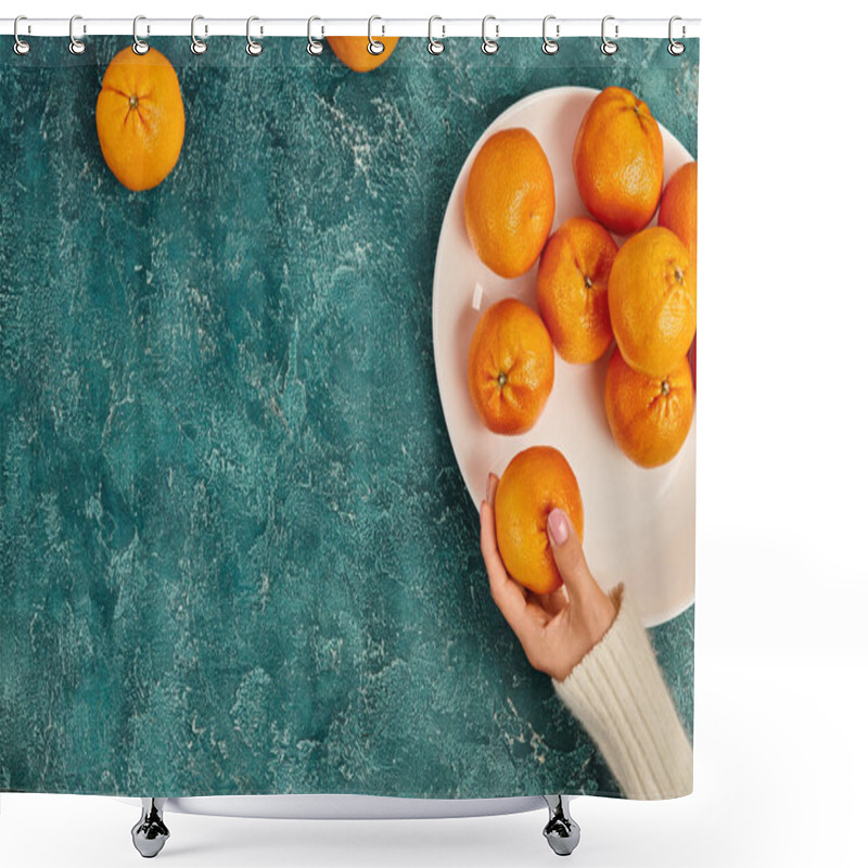 Personality  Cropped View Of Woman Holding Ripe Juicy Tangerine On Blue Textured Background, Christmas Concept Shower Curtains