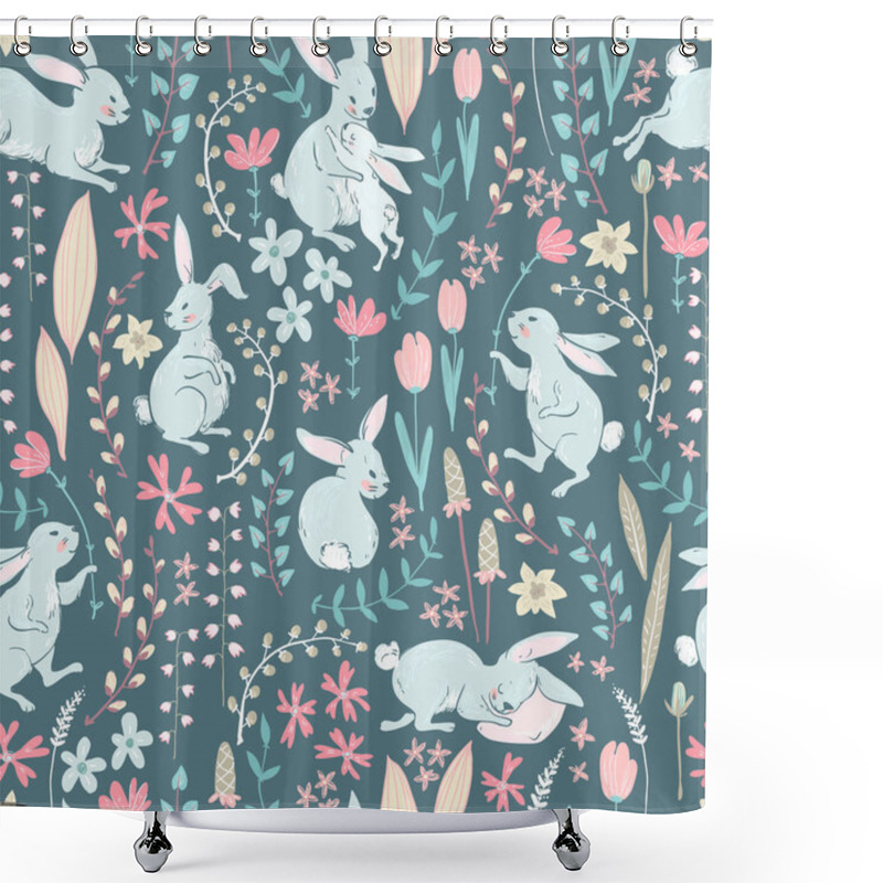 Personality  Easter Seamless Pattern With Cartoon Cute Bunnies And Flowers With Branches In Pastel Colors, Vector, Illustration Shower Curtains