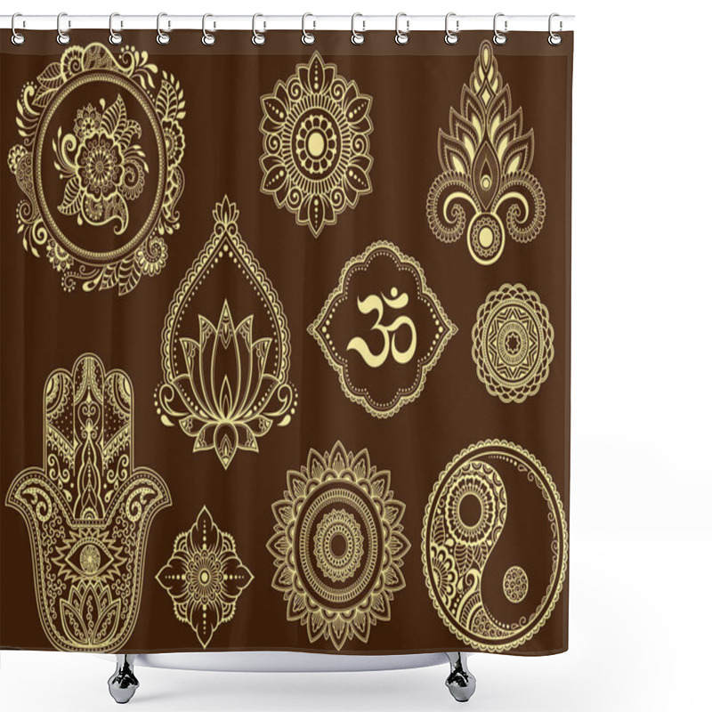 Personality  Big Set Of Mehndi Flower Pattern, Lotus, Mandala, Mantra OM, Yin-yang Symbol And Hamsa For Henna Drawing And Tattoo. Decoration In Ethnic Oriental, Indian Style. Shower Curtains