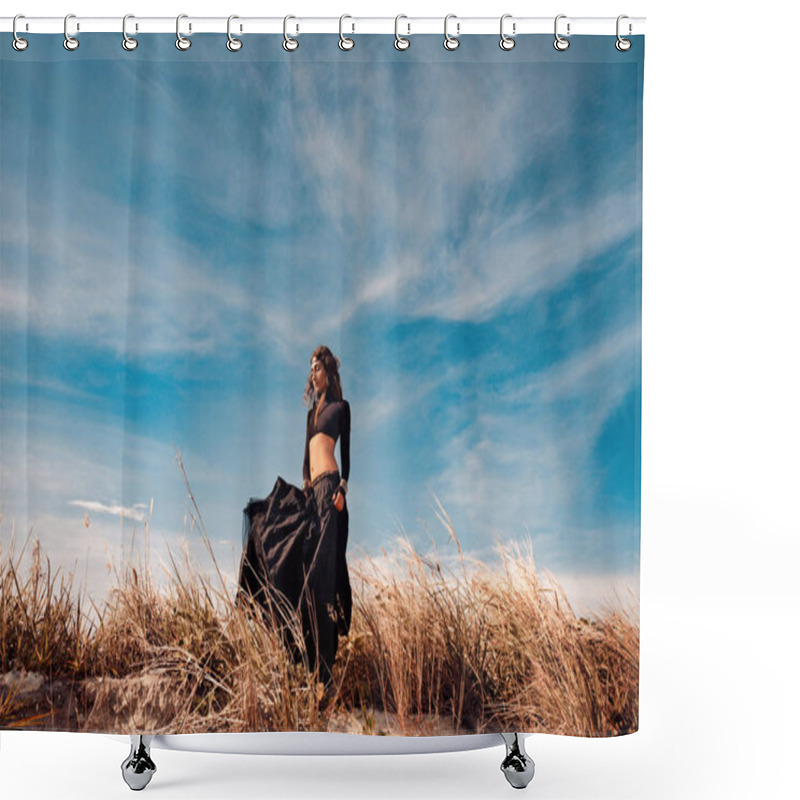 Personality  Stylish Young Woman Posing At Majestic Nature Background Shower Curtains