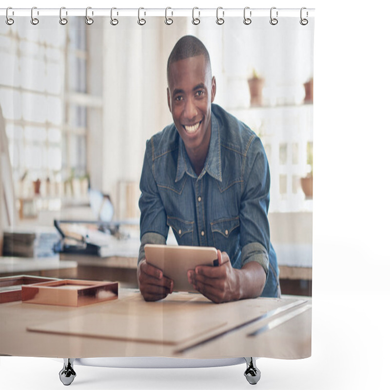 Personality  Business Owner Leaning On Work Table Shower Curtains