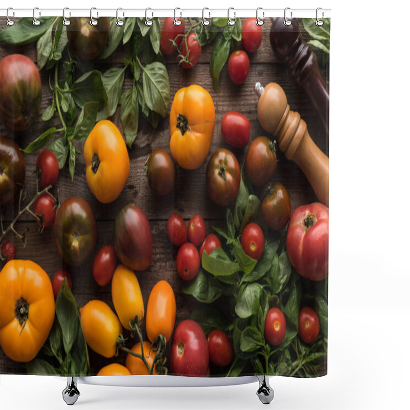 Personality  Top View Of Scattered Tomatoes And Spinach Near Pepper Mill And Salt Mill On Wooden Table  Shower Curtains