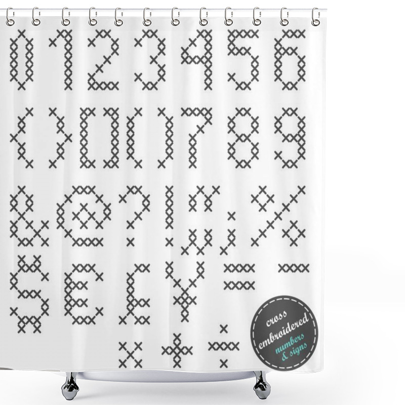 Personality  Simple Cross Embroidered Gray Numbers And Signs On White Background Education Set Shower Curtains