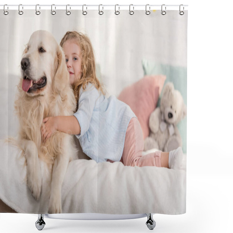 Personality  Adorable Kid Hugging Golden Retriever On Bed In Children Room Shower Curtains