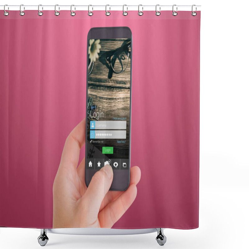 Personality  Composite Image Of Female Hand Holding A Smartphone Shower Curtains