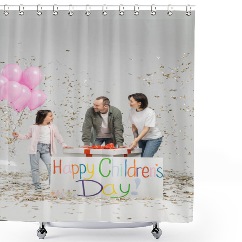 Personality  Positive Parents Looking Together At Preteen Daughter With Pink Balloons Near Big Present, Placard With Happy Children's Day Lettering And Falling Confetti During Celebration On Grey Background Shower Curtains