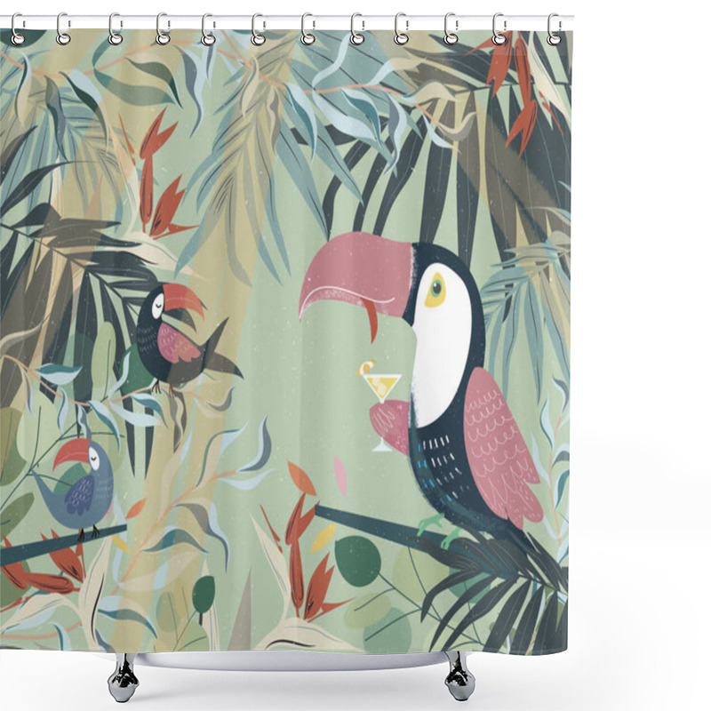 Personality  A Parrot In The Tropics On A Palm Tree Drinking A Cocktail Illustration With Green Background Shower Curtains