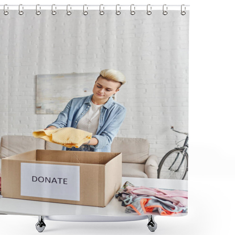 Personality  Charity And Volunteering, Young Tattooed Woman Holding Yellow Jumper Near Wardrobe Items And Carton Box With Donate Lettering, Sustainable Living And Social Responsibility Concept Shower Curtains