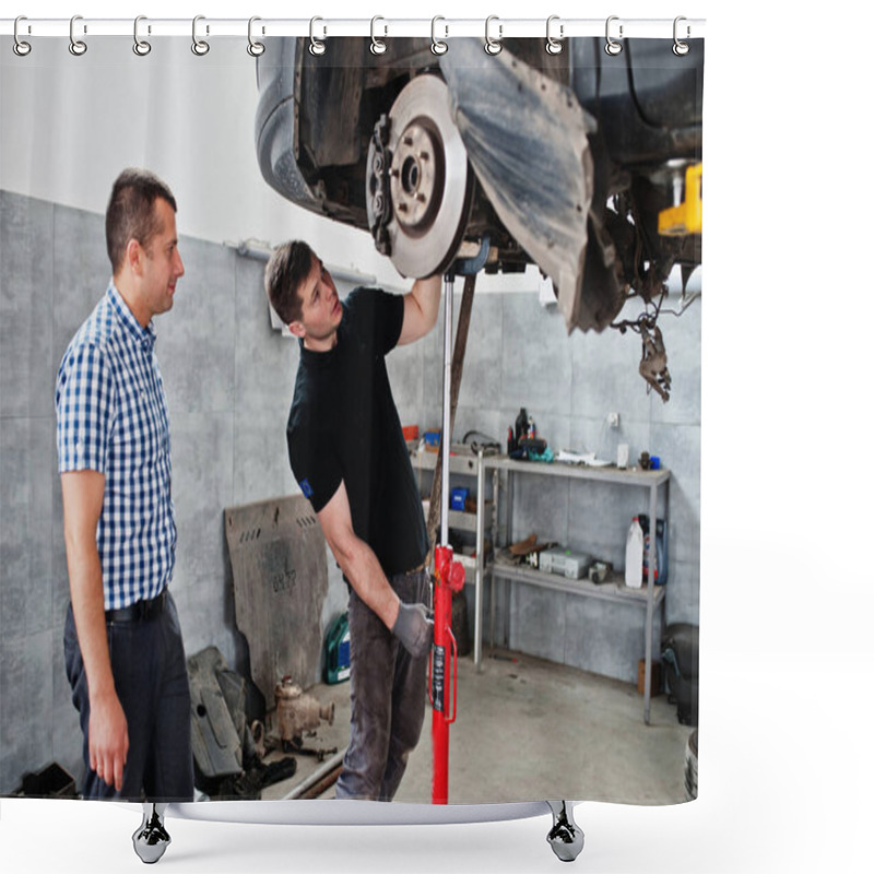 Personality  Car Repair And Maintenance Theme. Mechanic In Uniform And Manager Working In Auto Service.  Shower Curtains