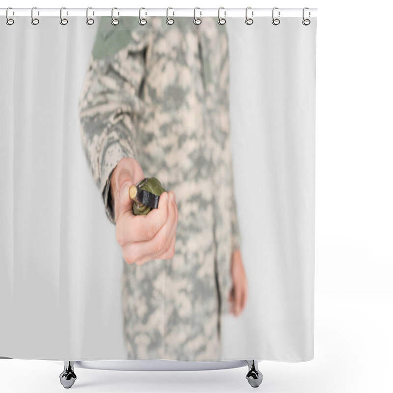 Personality  Cropped Shot Of Soldier Holding Grenade In Hand Isolated On Grey Shower Curtains