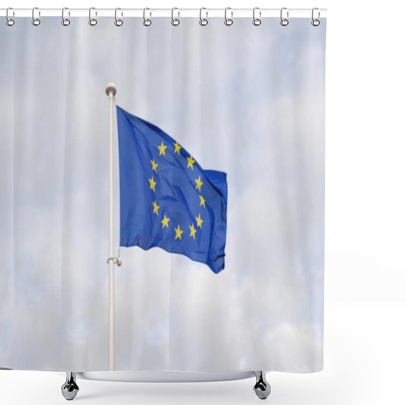 Personality  Flag Of The European Union Waving In The Wind On Flagpole Against The Blue Sky. Close-up Of Single European Flag With Twelve Yellow Stars Arranged In A Circle. Shower Curtains