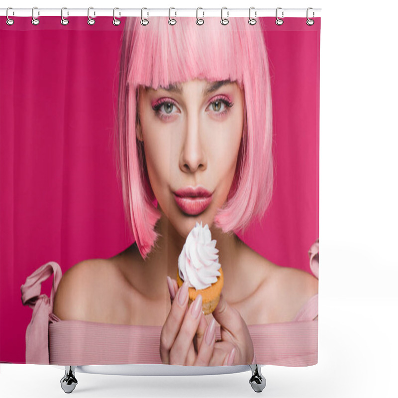 Personality  Attractive Girl In Pink Wig Holding Delicious Cupcake With Buttercream Isolated On Pink Shower Curtains