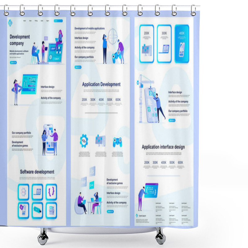 Personality  Development Company Flat Landing Page. Software Engineering, Application Development Corporate Website Design. Web Banner Template With Header, Middle Content, Footer. Vector Illustration With People. Shower Curtains