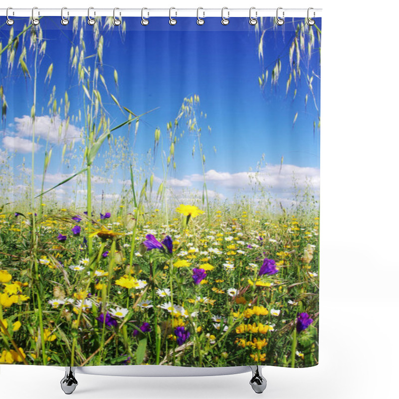 Personality  Wild Flowers And Spikes Against Blue Sky Shower Curtains