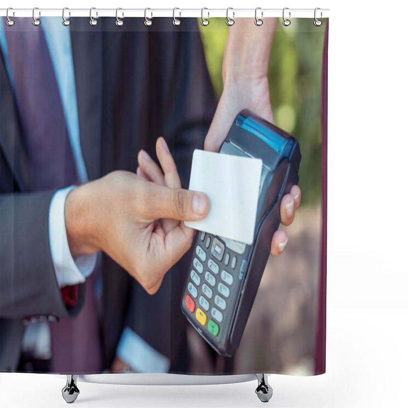 Personality  Man Using Contactless Credit Card  Shower Curtains