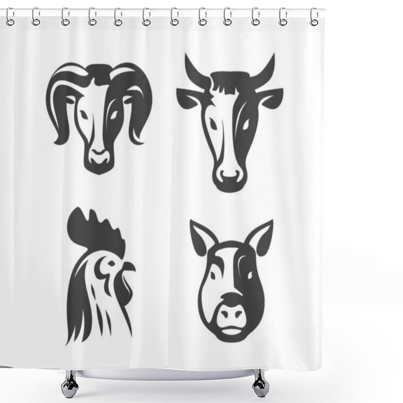 Personality  Farm Animals Emblems Set. Cow, Pig, Chicken, Ram Symbol For Butcher Shop Design Or Restaurant Menu Shower Curtains