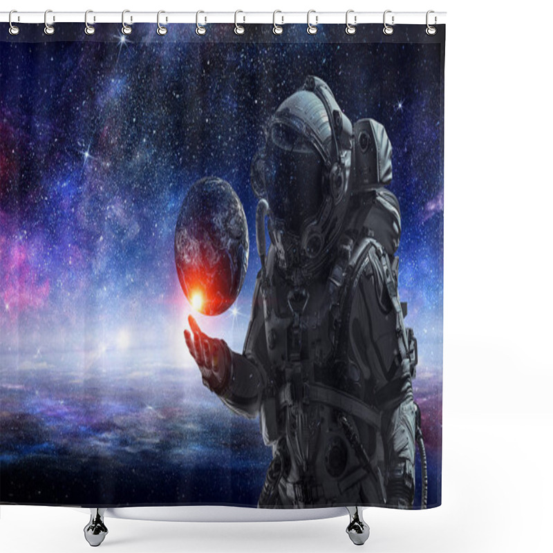 Personality  Spaceman And His Mission. Mixed Media Shower Curtains