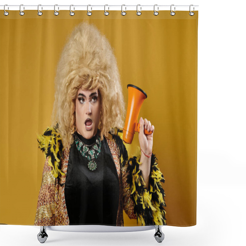 Personality  A Queer Person In A Yellow And Black Outfit Holds A Megaphone Against A Yellow Background. Shower Curtains