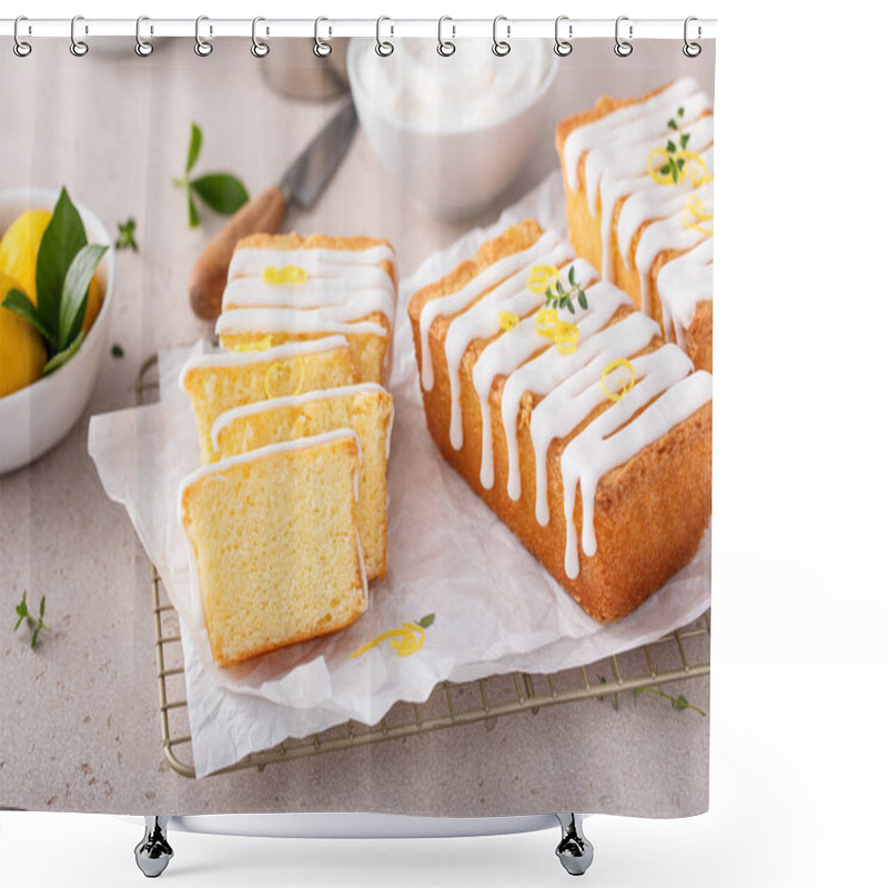 Personality  Classic Lemon Pound Cake With Powdered Sugar Glaze Sliced On Parchment Paper Topped With Lemon Zest Shower Curtains