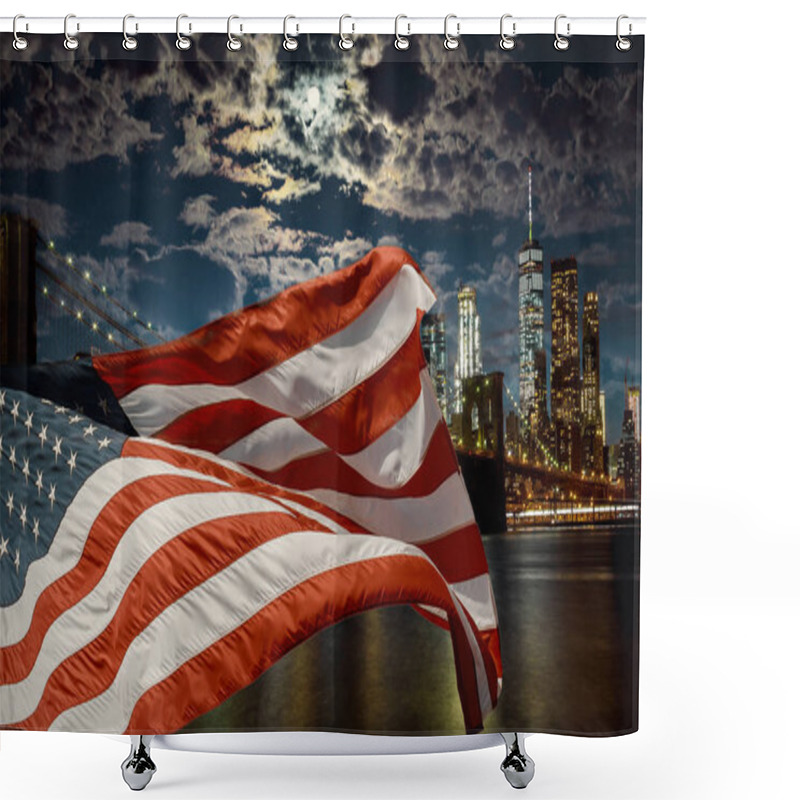 Personality  American Flag Flying The Against A Dusk Sky Brooklyn Bridge And Manhattan, New York City, USA Shower Curtains