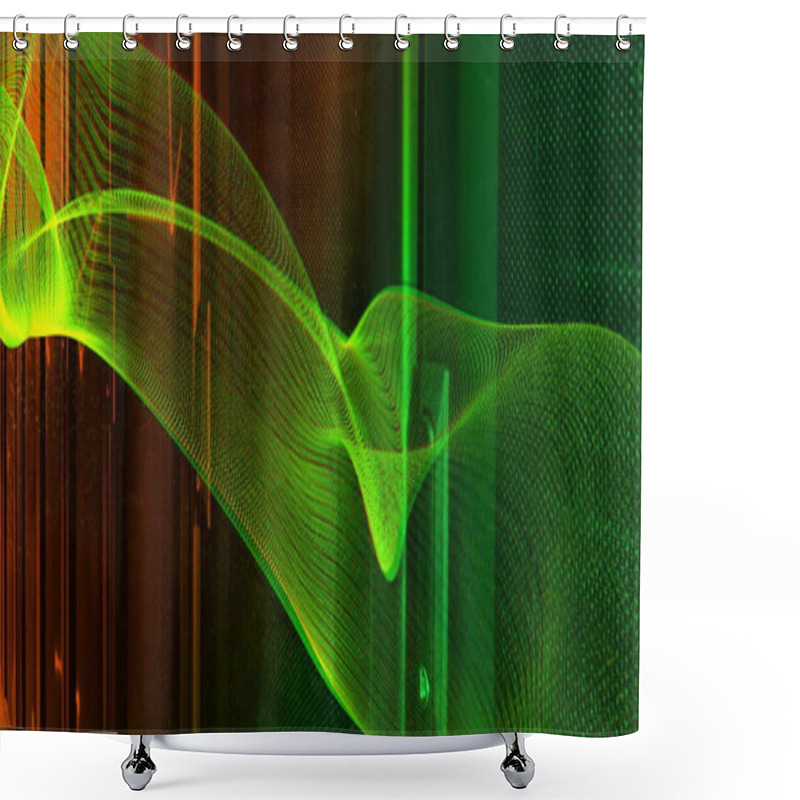 Personality  Image Of Green Mesh And Digital Data Processing Over Computer Servers. Global Connections, Computing And Data Processing Concept Digitally Generated Image. Shower Curtains