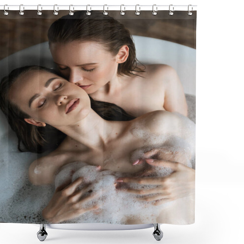 Personality  Top View Of Young Woman Embracing Breast Of Lesbian Girlfriend While Taking Bath With Closed Eyes Shower Curtains