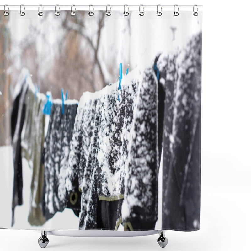 Personality  Winter. Clothes Are Drying On The Street. Clothes Covered With Snow Dries On A Tightened Rope Shower Curtains