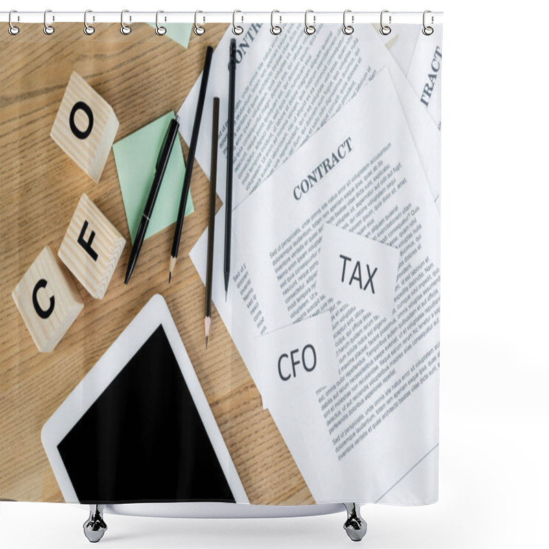 Personality  Top View Of Papers With Tax And Cfo Lettering Near Contract, Wooden Cubes And Digital Tablet On Desk Shower Curtains