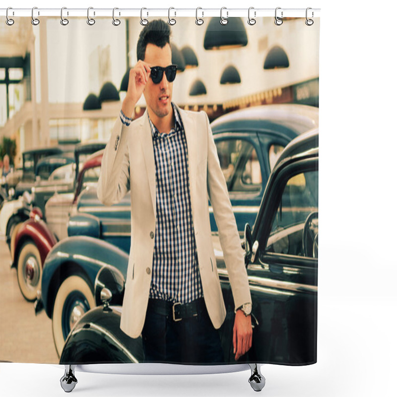 Personality  Attractive Man Wearing Jacket And Shirt With Old Cars Shower Curtains