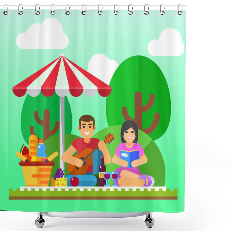 Personality  Summer Picnic Background. Young Family, Happy Couple Holiday, Healthy Date Shower Curtains