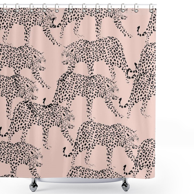 Personality  Black Silhouette Leopard Pattern Seamless Pink Background Shower Curtains