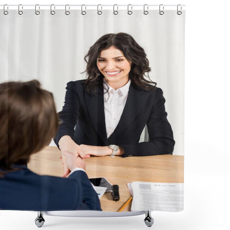 Personality  Overhead View Of Beautiful Woman Shaking Hands With Recruiter In Office  Shower Curtains