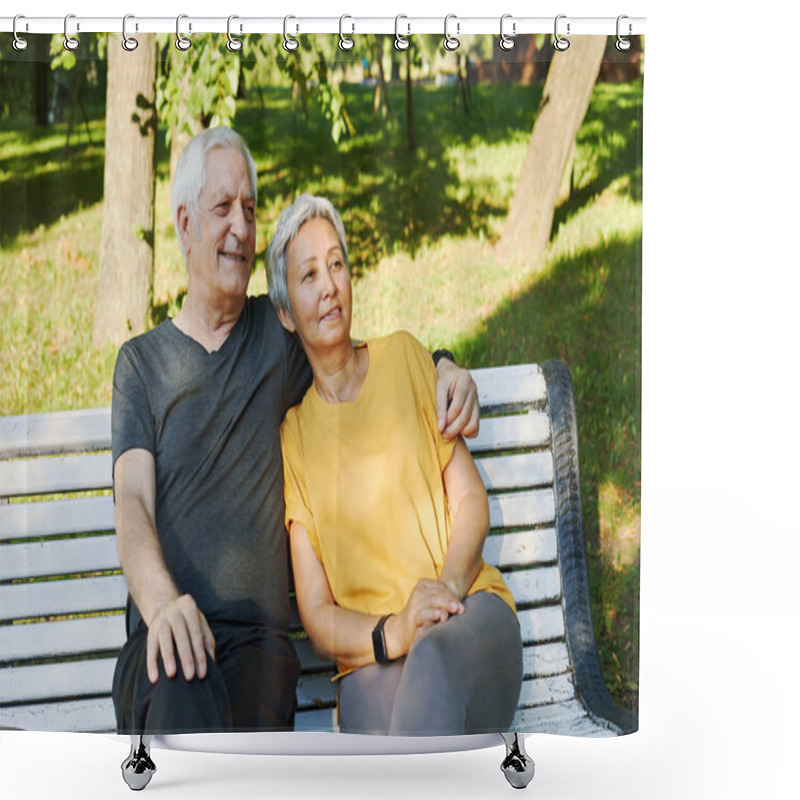 Personality  Happy Multi Racial Elderly Grey Hair Couple Resting Sit On Bench In Park After Stroll, Morning Walk Smiling Enjoy Relaxation Outdoors At Sunny Summer Day. Fit Family, Break, Love Concept Shower Curtains