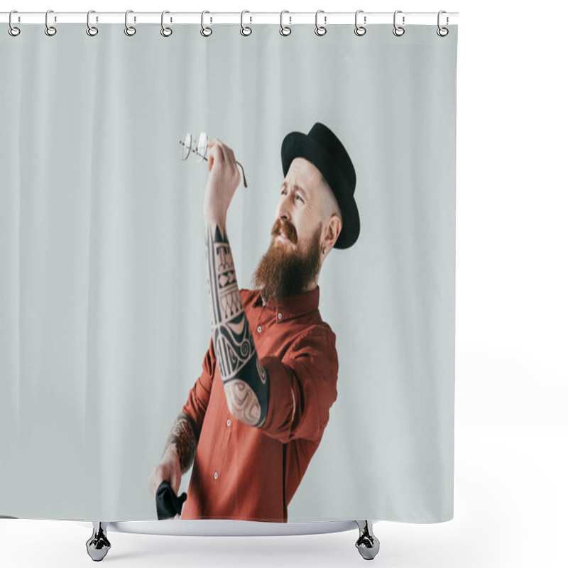 Personality  Bearded Handsome Man Looking At Glasses Isolated On White Shower Curtains